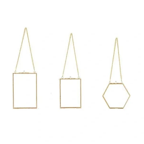 (SC)3-pack Pressed Flowers Glass Frames - Hanging Glass Frames with Chain Floating DIY Artwork Display Golden Transparent