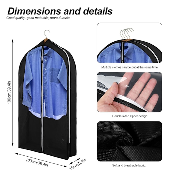 39in Klädpåsar För Hängande Klädförvaring Med Transparent Omslag För Hängande Multi Klädförvaring Resor, Dragkedjeöppning För Hängande [kk] Svart Black 2Pcs