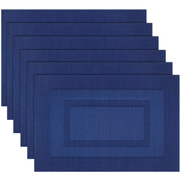 Placemats, Washable Woven Vinyl Dining Table Placemats, Easy Clean Plastic Placemats Set of 6 (18 X12 Inches, Navy Blue)