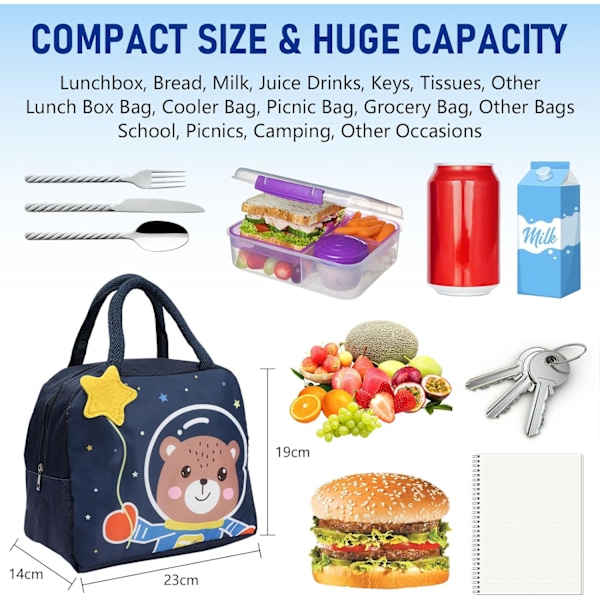 Lunchväska för barn, pojkar och flickor, återanvändbar tecknad isolerad lunchväska, liten hopfällbar vattentät lunchväska för resor, picknick, skola Navy Space Bear