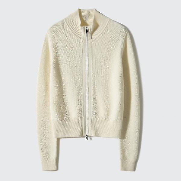 Dame Stående Krave Lynlås Strikket Cardigan Sweater Jakke white