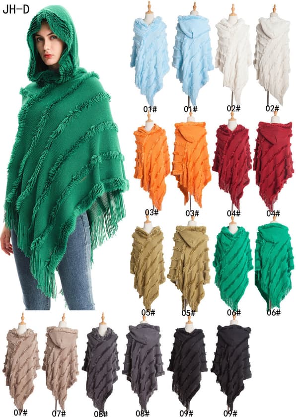 (SC)Elegant Strikket Sjal Poncho Kappe Sort