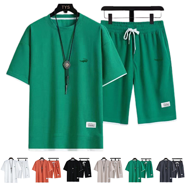 Herr Sommar Casual Kortärmad Loungewear Träningsdräkt T-shirts Shorts Outfits Grön Green 3XL