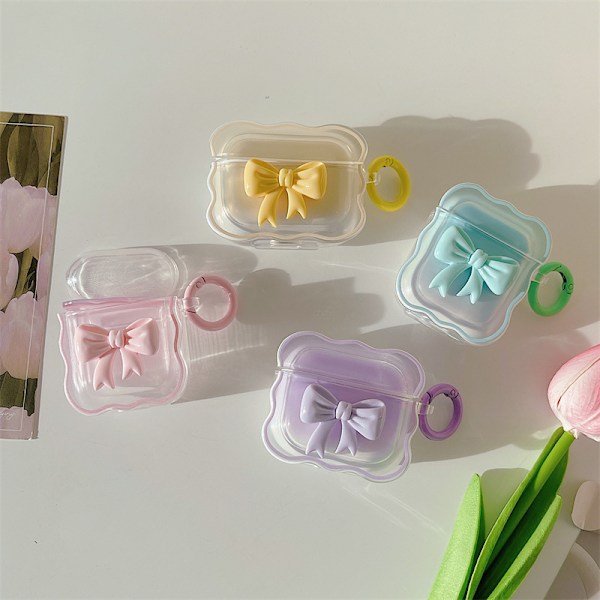 Kompatibel med AirPods Pro2 Deksel Myk Transparent TPU med Søt 3D Fargerik Sløyfe Design Støtsikker Nøkkelring Deksel for Jenter Kvinner Airpods Pro2 Rosa