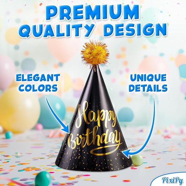 Födelsedagshattar, Set med 10 Happy Birthday Konformade Partyhattar för Barns Födelsedagsfest - Partyartiklar och Dekorationer från PixiPy C