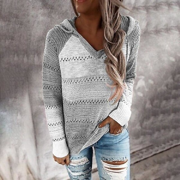 Stribet Elegant Cardigan til Kvinder, Langærmet Top, Casual Strikket Trøje med V-hals og Hætte, Grå Color Hooded Gray 5XL