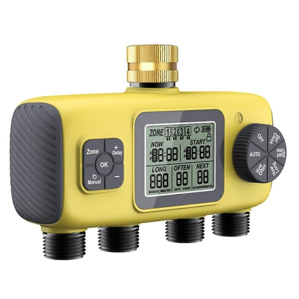 (SC) Automatic 4-Way Garden Irrigation Timer, Threaded Compatible with BSP 3/4 Inch Four-Way Irrigation As Shown