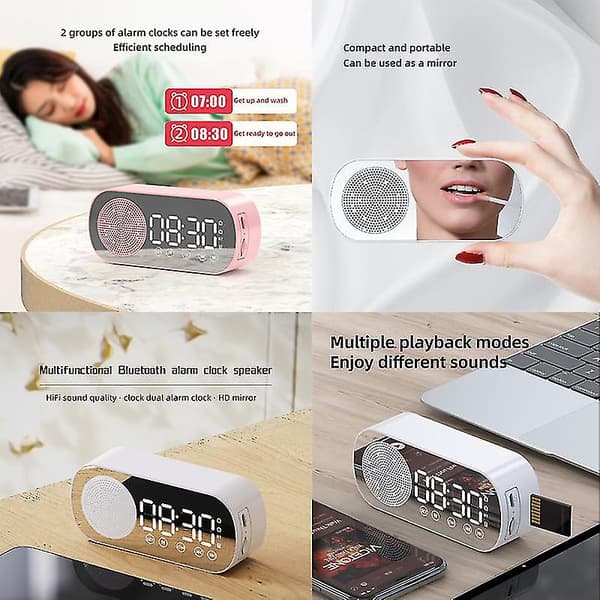 Multifunctional Smart FM Radio Bluetooth Speaker Alarm Clock Mirror Clock (Pink)