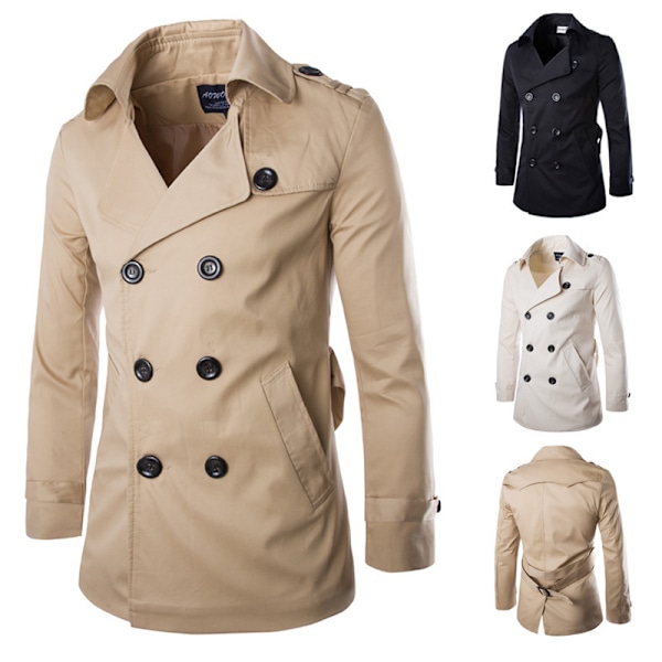 Herre Trenchcoat Slank Passform Dobbel Bryst Khakifarget khaki M