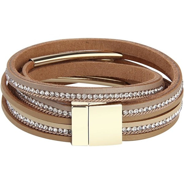 Kvinnors Wrap Armband Guldpläterad Metallisk Kristall Läder Rep Armband med Magnetlås (BEIGE)