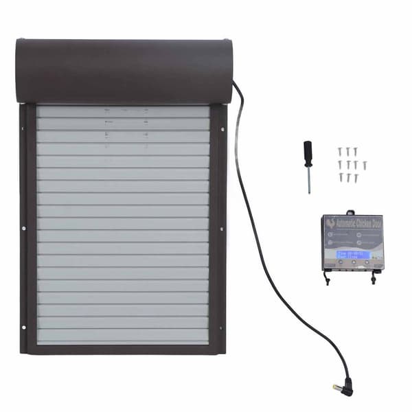 (SC) Automatic Metal Chicken Coop Door Timer Battery Powered Spring Loaded Habitat Accessory Brown