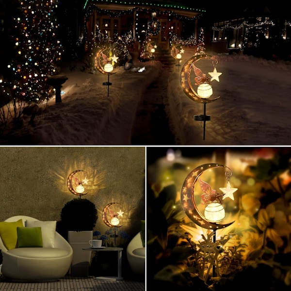 Sett med 2 solcellelamper, utendørs hagedekorasjon måneformet lampe, LED solcellelampe for plen, terrasse, balkong, hagedekorasjon (Fairy)