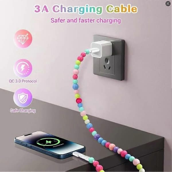 (SC) 4-in-1 Beaded Charging Cable - USB-C to Lightning PD Fast Charging Cord for iPhone 17/16/15 & Android Samsung S25 Multicolour