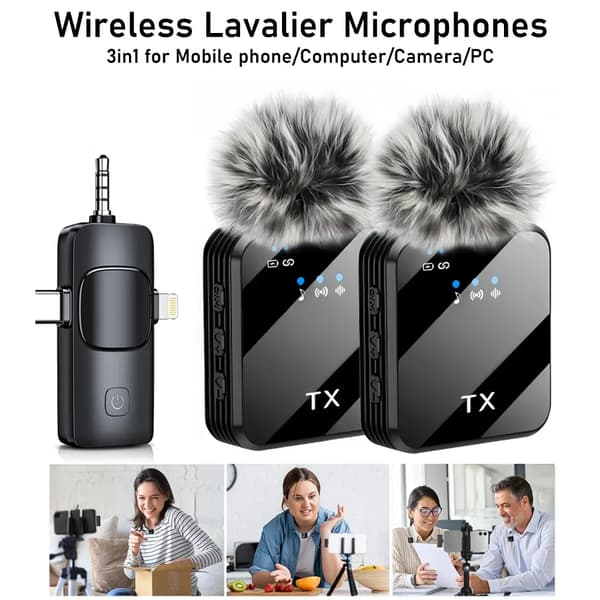 (SC)3-in-1 Wireless Lavalier Microphone for Camera, iPhone, Android, Microphone for Video Recording Podcast Noise Reduction mic 2PCS 2PCS Lavalier Mic