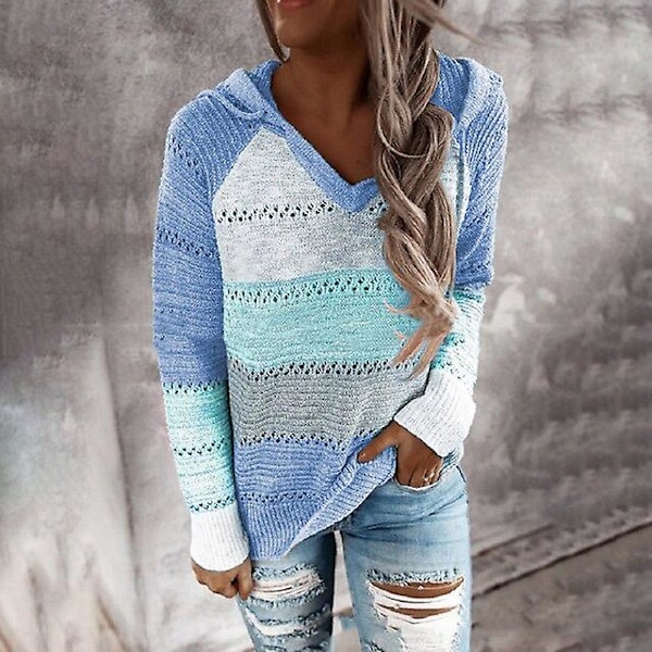 Stribet Elegant Cardigan til Kvinder, Langærmet Top, Casual Strikket Trøje med V-hals og Hætte, Blå Color Hooded Blue M