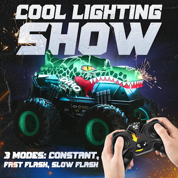Monster Truck Leketoy, 2.4GHz RC Monster Trucks for Gutter, 1:20 Dinosaur RC Biler med Lys og Musikk, Fjernstyrt Stuntbil, 360° Snurr, for Barn Green