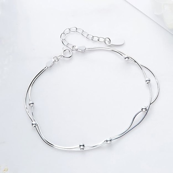 Armbånd til kvinder, i 925 sterling sølv, dobbelt kæde med perler, justerbar op til 19 cm, 19 centimeter, Sterling sølv