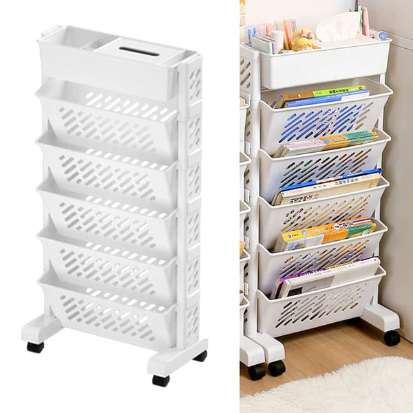 (SC)Portable Bookshelf with Wheels for Classroom Use, Rolling Book Cart with Multi-Layer Capacity and Rotatable and Removable Shelves, Storage