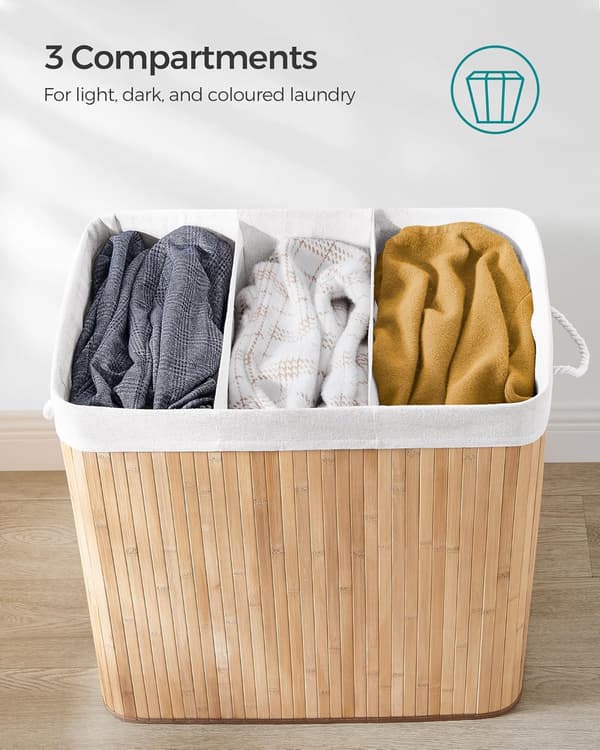 (SC) Laundry Hamper with 3 Sections, Lid and Handles, 150L, Foldable for Laundry Room, Bedroom, Bathroom, Natural