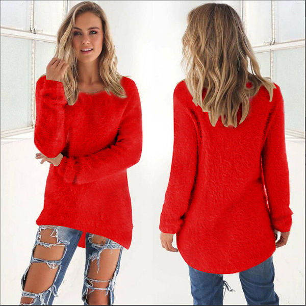 Dame Langærmet Pludset Trøje Jumper Trøje Weatshirt Top rød red S