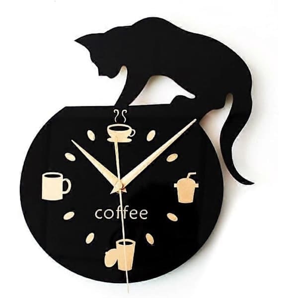 (SC) Cartoon wall clock with climbing cat, coffee cup and the text \"Coffee