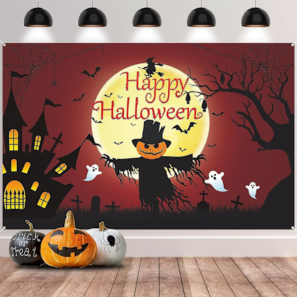 Happy Halloween Bannerdekorasjoner, Rød Halloween Bakgrunn Party Dekor Nødvendigheter Super Stort Banner, Spøkelse Flaggermus Fugleskremsel og Heksebanner for Halloween Red