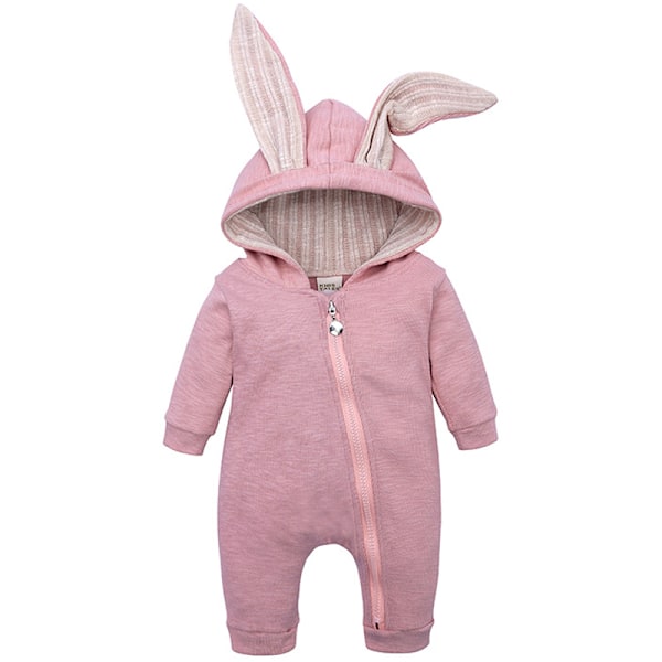 Baby Romper Söt Kanin 3D Öron Hoodie 1-Delad Dragkedja Body Rosa Pink 90