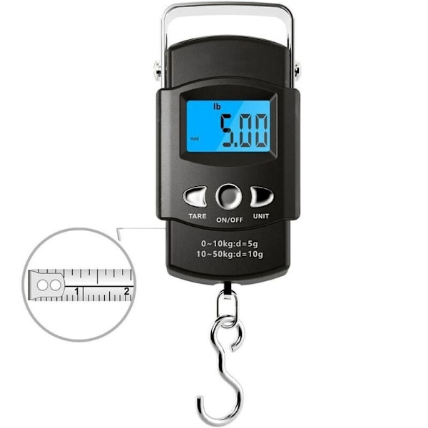 Kalastusvaaka (50 kg) Kannettava matkatavaravaaka elektroninen koukku LCD-näytöllä ja mittanauhalla.