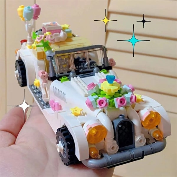 Mini DIY Monteringsblock Leksaksfigur Brudgum Brud Bröllopsbil Klossar Blomma Byggklossar