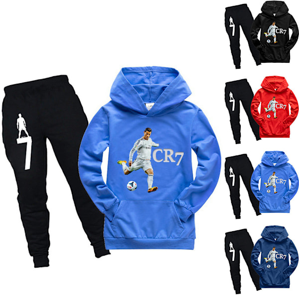 Ronaldo CR7 Barn Hoodie Sweatshirt Hoodies+Byxor Träningsoverall Outfits för Pojkar Royal blue Royal blue 140cm