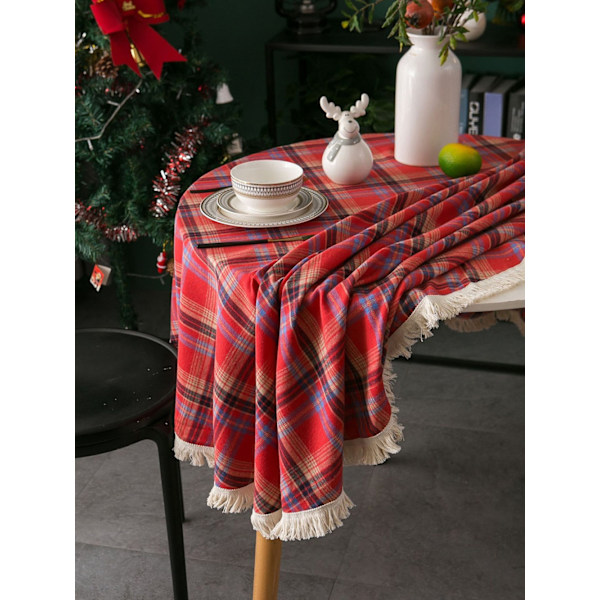 Gerring Juledug i Garnfarvet Plaid - Jule- og Bryllupsdekoration - Amerikansk Rund Borddug med Kvaster til Fest Coffee red Round 120cm