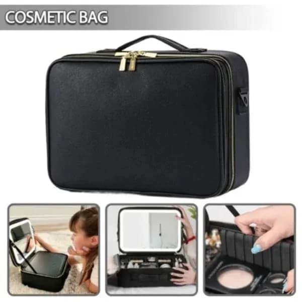 (SC) Large Capacity Travel Makeup Bag with Mirror and LED Light, Black