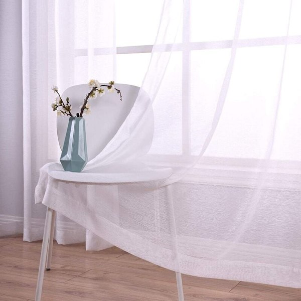 210 cm Hvide Gardiner med Hvide Øjer, Sæt med 2 Paneler, Vinduesgardiner, Polyester Voile Look Gardiner til Soveværelse
