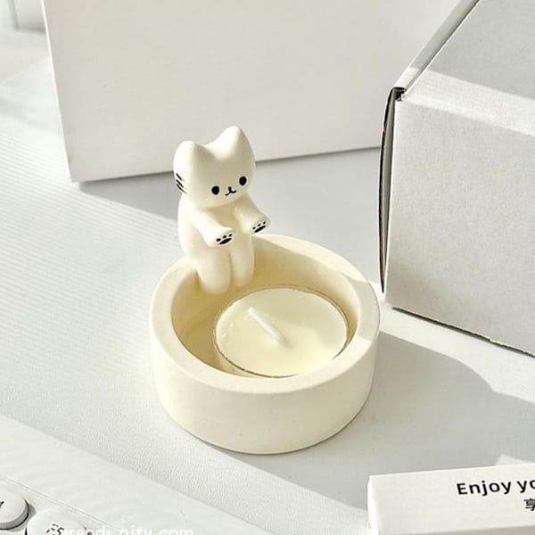 Söt Katt Ljusstake | Kattunge Tealight Hållare | Varma Tassar Katt Tealight Hållare Ornament | Söt Ljusstake Heminredning Kattpresenter vit