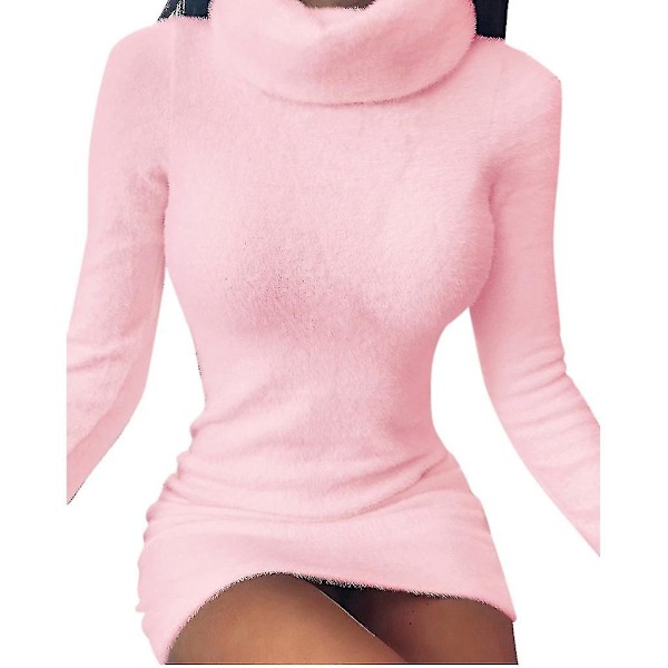 Women's Sexy Long Sleeve Solid Tyrtlneck Fitted Waist A-Line Plush Mini Dress