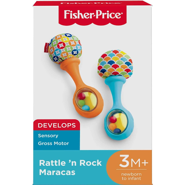 Fisher-Price Vastasyntyneen Lelut Rattle 'n Rock Marakassit, 2 pehmeän soittimen setti vauvoille 3+ kuukautta, sininen ja oranssi
