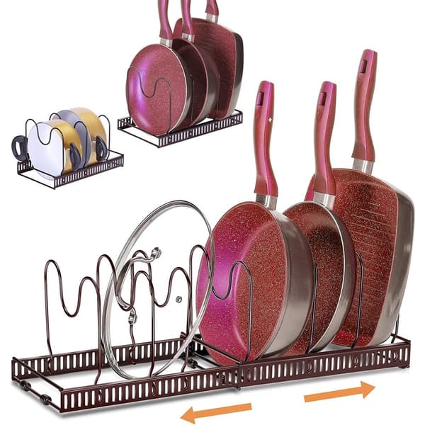 (SC)Kitchen Countertop Organizer, Extendable Length Iron Pot And Pan Organizer With Adjustable Dividers, Quick Assembly Durable And Rustproof Lid Holder