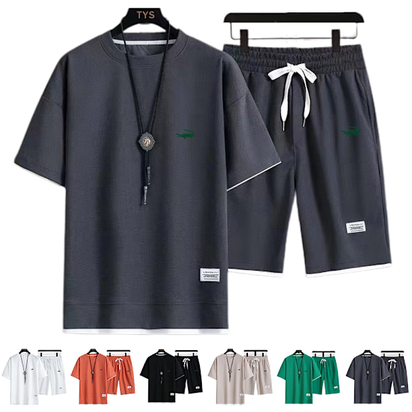 Herr Sommar Casual Kortärmad Loungewear Träningsdräkt T-shirts Shorts Outfits Grön Green XL