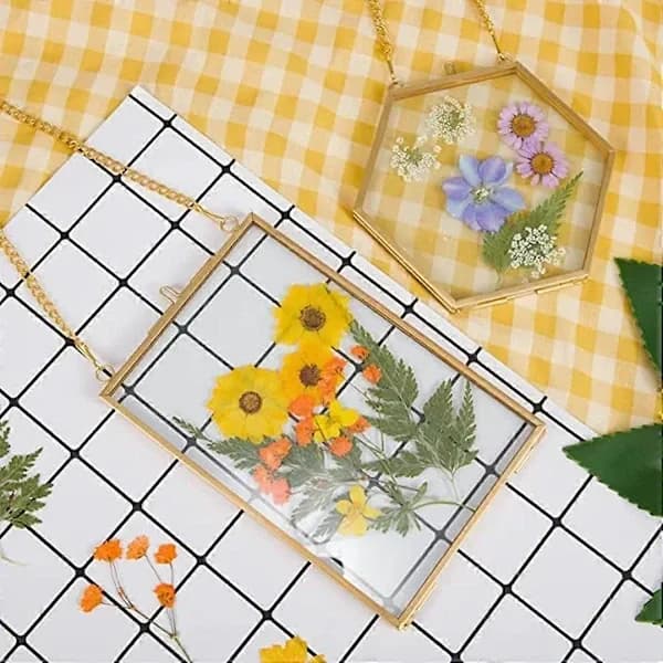 (SC)3-pack Pressed Flowers Glass Frames - Hanging Glass Frames with Chain Floating DIY Artwork Display Golden Transparent