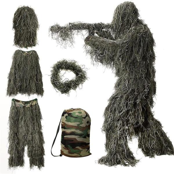 5 i 1 Ghillie Suit, 3D Camouflage Jagttøj Inkluderet Jakke, Bukser, Hætte, Bærepose Grøn 1.6m