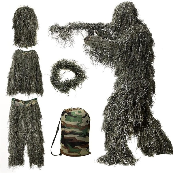 5 i 1 Ghillie Suit, 3D Kamuflasje Jakke, Bukse, Hetter, Bæreveske Grønn 1.6m