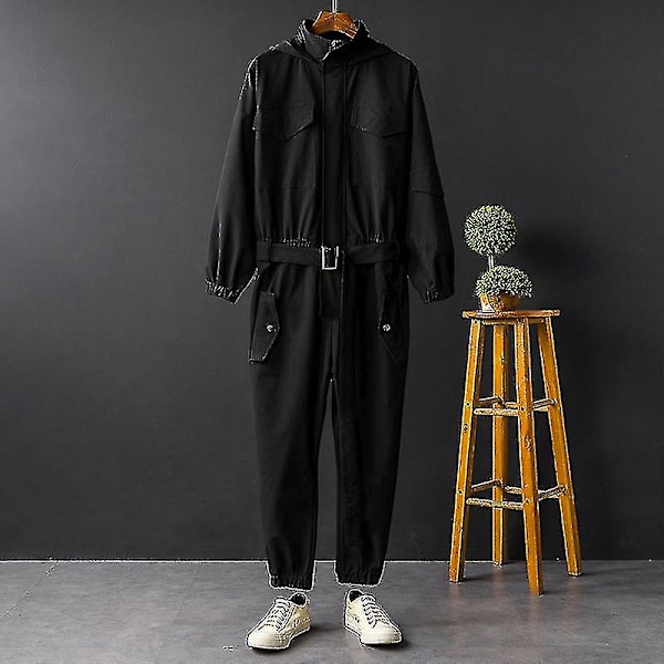 Nye Overalls Herre Jumpsuit Hætte Langærmet Strålefødder Japansk Gade Sort black S  45 - 52.5 KG