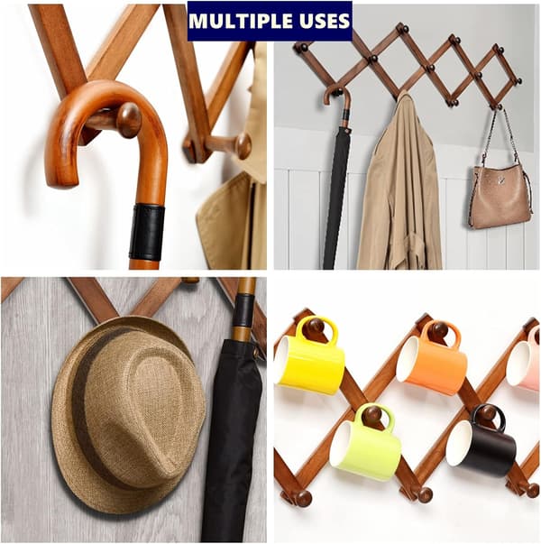 (SC) Wooden Foldable Wall Rack 13 Hooks (nails), Extendable Wall Hanger for Hanging Coats, Hats, Scarves, Coffee Cups, X-shaped Coat Hooks