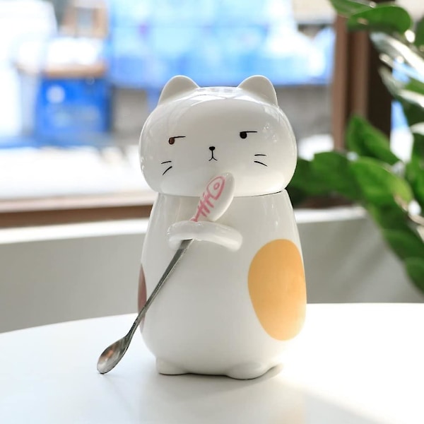 Sød 3D Kat Krus Sjov Keramisk Kaffe- og Tekop med Rørepind og Låg, Nyhed Fødselsdag Jul Thanksgiving Gave til Katteelskere, Hvid 414 ml