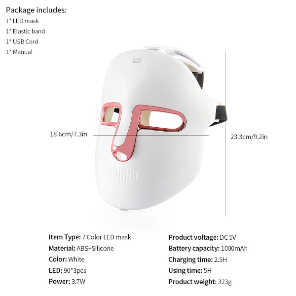 Trådlös 7-färgs LED Photon Behandling Skönhetsmask Vit 18.6*23.3cm