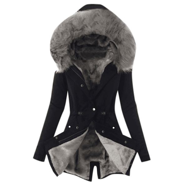 Vinterjacka för kvinnor, varm fodrad lång parkas i medellängd Svart Grå Black Grey L