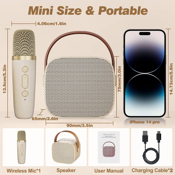 Karaokemaskin för barn med 2 trådlösa mikrofoner, bärbar Bluetooth-högtalare, presentleksaker för flickor och pojkar födelsedag Beige 1 Mic