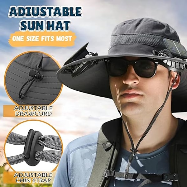 Bredbrättad Solhatt för Utomhusbruk med 2 Solfläktar, Solhatt för Män och Kvinnor UPF 50+, Fiske- & Strandhatt med Inbyggd Fläkt light Gray