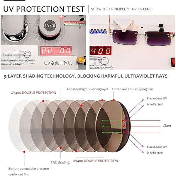 Retro solbriller uden stel til mænd og kvinder, rektangulære solbriller med ultrakort stel, gennemsigtige briller Gold gray blue
