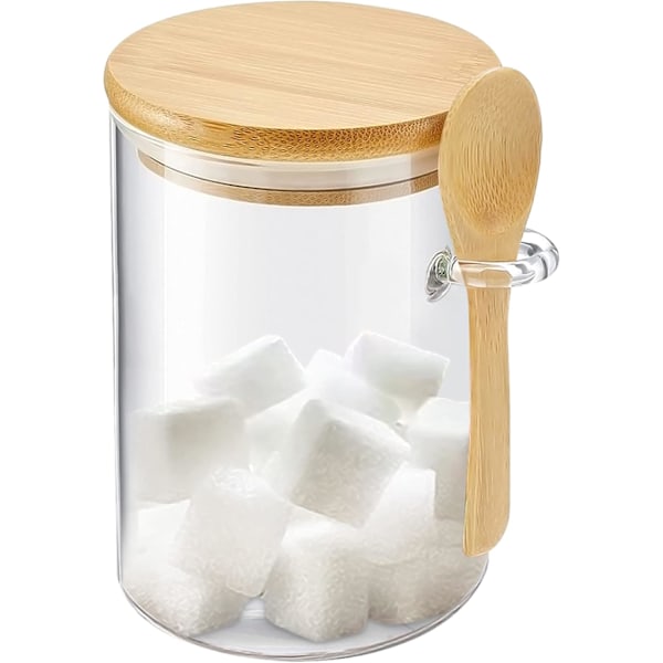 Förvaringsburk i glas med bambulock, 450 ml lufttät matbehållare med sked för overnight oats, salt, socker, kryddor, te, 1-pack